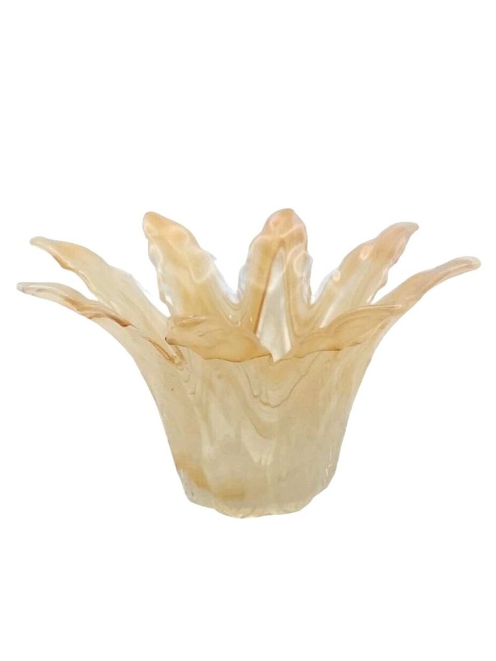 Palm Leaf Glass Candle Holder Vase Translucent Yellow Cream Swirl Vintage Art